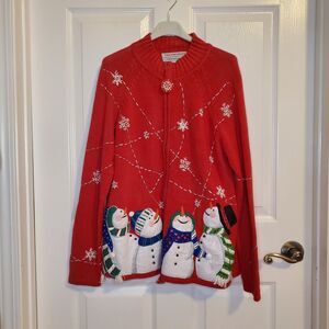 Vintage Red Snowman Christmas Sweater Zip Up MEDIUM